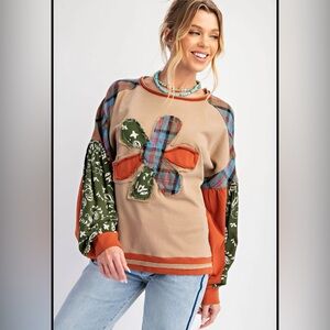 easel Plaid Patchwork Pullover Sweatshirt in Tan, Olive & Rust